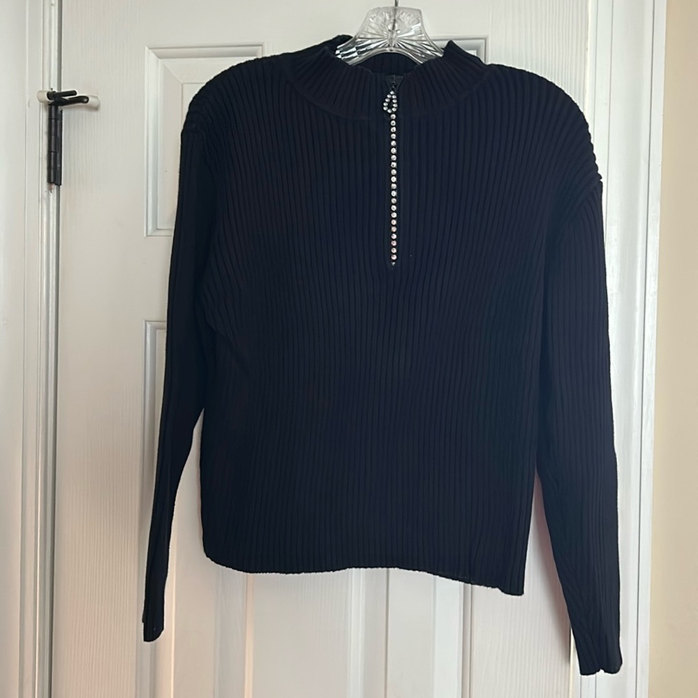 Black Ribbed Sweater with Rhinestone zipper